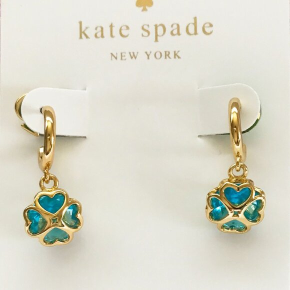 kate spade Jewelry - Kate Spade Gold Tone Clover Blue CZ Dangle Earrings
